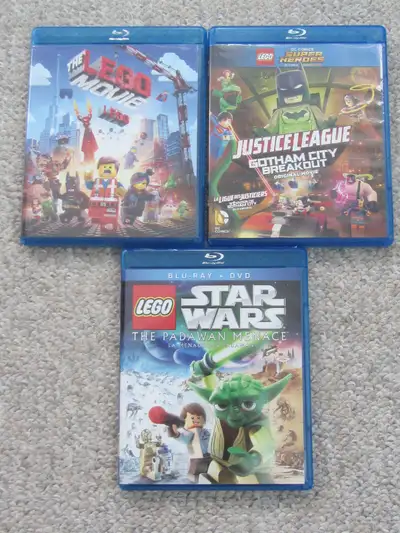 The Lego Movie, Justice League Gotham City Breakout, and Lego Star Wars The Padawan Menace on blu-ra...