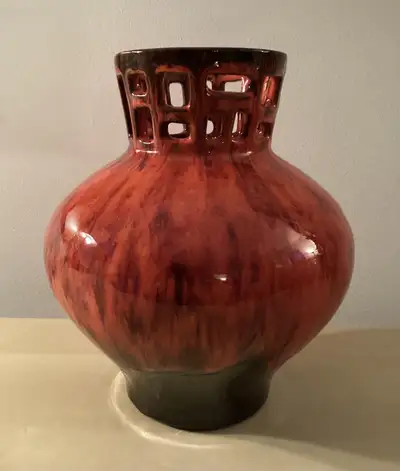 Vintage EVANGELINE Art Pottery Orange/Brown Drip Glaze Vase MCM, View more