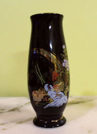 Golden Pheasant Pair Birds and Flowers Black Porcelain Vase