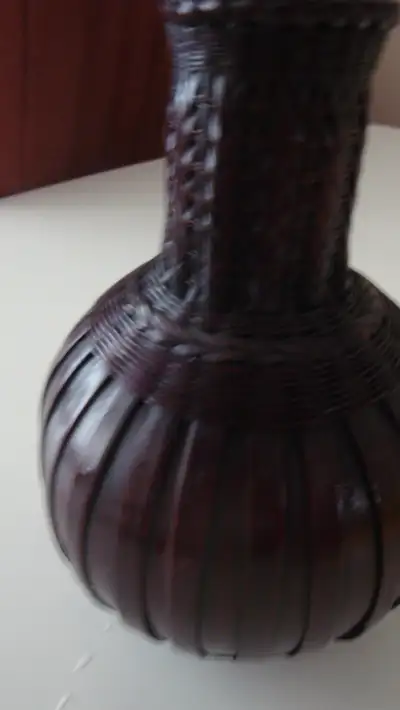 WICKER VASE EIGHT INCHES TALL 18 INCHES AROUND WOVEN WOOD, View more