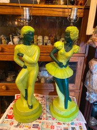 Vintage 1950's Chalkware Ballerina Couple Lamps with ShadesTwo