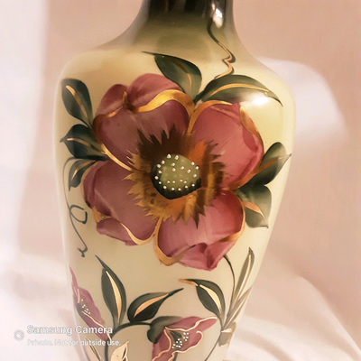 Antique green porcelain hand painted table lamp, gold, shade, View more