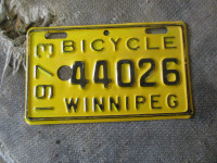 1973 WINNIPEG BIKE BICYCLE LICENSE PLATE $10. VINTAGE MANCAVE