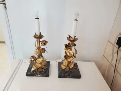 Pair of Italian Gold Gilt Tole and Black Marble Table Lamps, View more