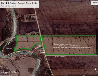 River lots near Emerson, MB for sale. 375 acres (320 cultivated). Class C12 land. Bin yard. Ring dik...