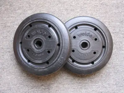 2 - Canadiana dumb bells, cast iron, They weigh approximately 14 lbs each with bars and collars. The...