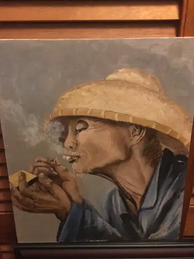 Original oil painting of a old man smoking a cigarette. Painted in 1962 by artist Eleanor Smith on a...