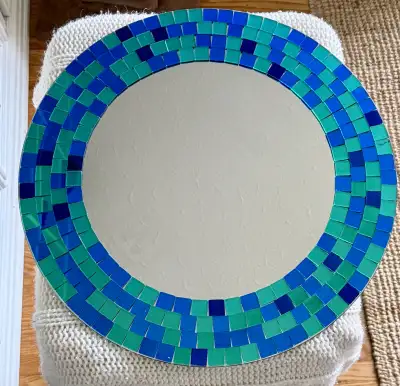 Vintage 1999 IKEA round mirror with mosaic tile blue and green glass 19.75 inch diameter