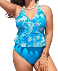 NEW Cyan Blue 2pc Top Ruffled Swimsuit- 2XL