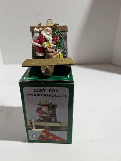 VTG Cast Iron stocking holder Santa Fireplace, View more