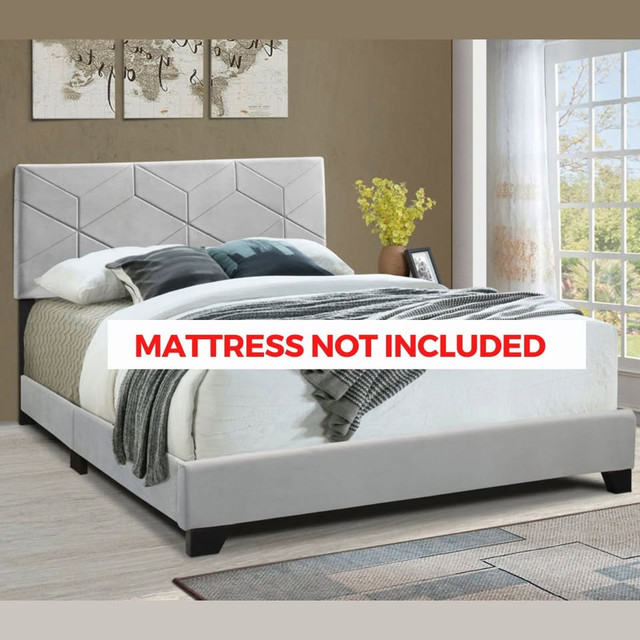 New Queen Bed Frame • Light Grey Upholstered + Headboard • BNIB in Beds & Mattresses in North Bay