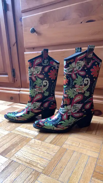 Funky Colorful paisley cowboy rubber/ gum/ rain boots women’s 7, View more