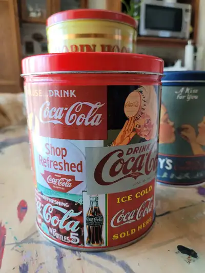 Collectable Vintage Coca-Cola Popcorn tin Can with History of Logos