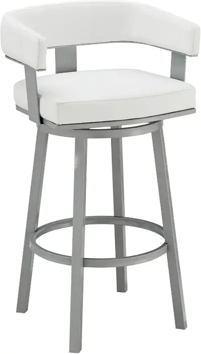 New Armen Living Lorin 26" Counter Height Swivel Bar Stool in Silver Finish with White Faux Leather...