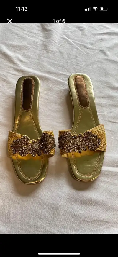 Golden Slip On Sandals With Small Heel And Rhinestones, View more