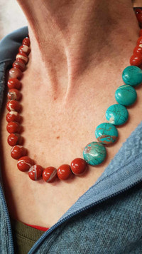Beautiful Red Jasper & Turquoise A Symmetrical Necklace