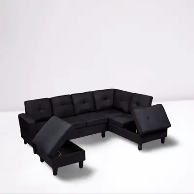 Black fabric sectional sofa with storage ottoman, View more