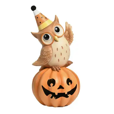 "OWL WITH CANDY CORN HAT ON LED PUMPKIN" figurine stands 14" H. NOTE: Requires 3 x "AAA" Batteries (...