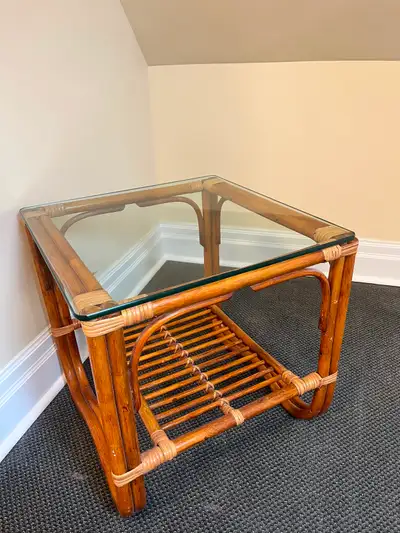 2-Tier Bamboo Rattan Cane Side Table - Glass Top Vintage MCM 2, View more