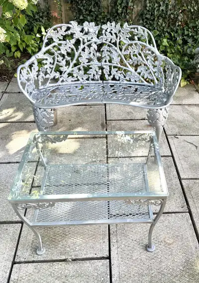 Cast Iron Oak Leaf Motif Bench & Glass Garden Patio/Cafe , View more