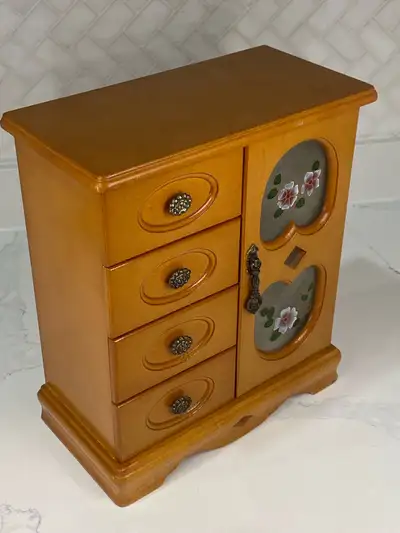 Gorgeous vintage mini jewelry holder with 4 drawers (1 for rings/earrings) and a necklace holder beh...