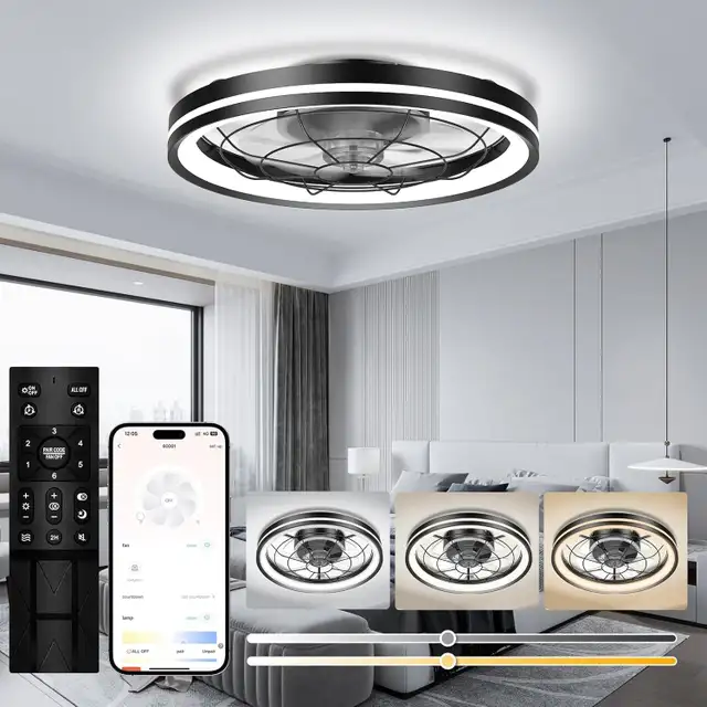 Modern Flush Mount Ceiling Fan with LED Light, White Low Profile in Indoor Lighting & Fans in Mississauga / Peel Region - Image 7