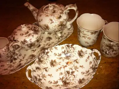 Brown Tea Set Bowl Tray Detailed Leaves Leaf Design Kitchen Room, View more