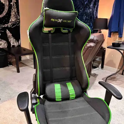 Fairly used gaming chair, probably needs some bolts tightened- only real damage is on the green lini...