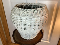 Antique Large Painted White Wicker Planter w Wood Bottom