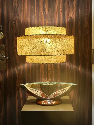 MCM POTTERY TABLE LAMP FIBERGLASS SHADE, View more