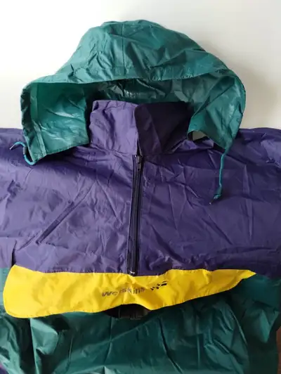 Vintage purple green yellow Wetskins rain poncho with hood, View more