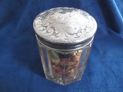 ANTIQUE VINTAGE PRESSED GLASS JAR with ORNATE METAL LID, View more