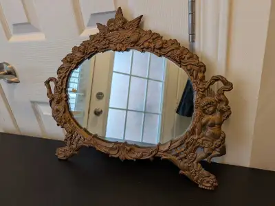 Antique Victorian brass angel cherub ornate mirror, View more