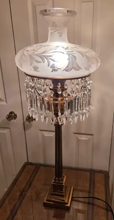 Antique brass "Astral" style lamp with frosted etched glass sha, View more