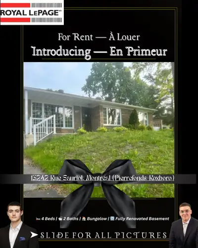 4-Bedroom Bungalow for Rent – Pierrefonds | $2,935/month Located on a quiet circular street near sch...
