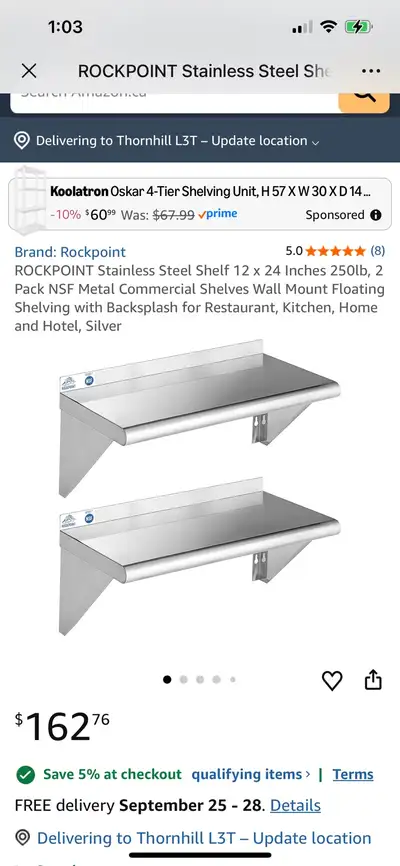 ROCKPOINT Stainless Steel Shelf 12 x 24 Inches 250lb, 2 Pack NSF Metal Commercial Shelves Wall Mount...