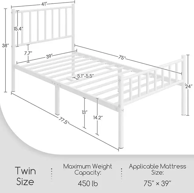 Yaheetech 614232 white Twin Size Bed Frame Metal Platform  in Beds & Mattresses in Markham / York Region - Image 10