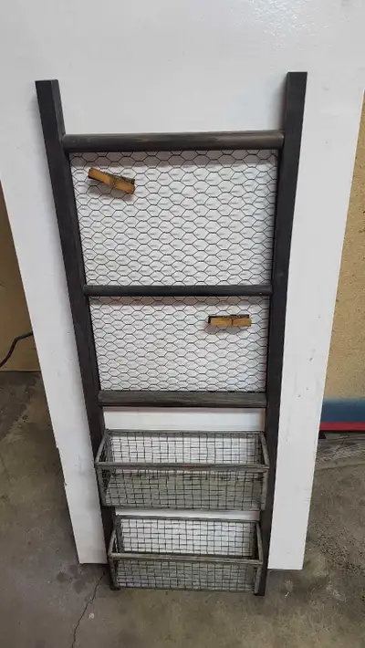 Add a touch of rustic charm to your home with this decorative wall ladder, featuring chicken wire ba...
