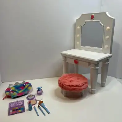 18” doll light up vanity with makeup, doll furniture. Fits any 18” doll. $20. Comes with everything...