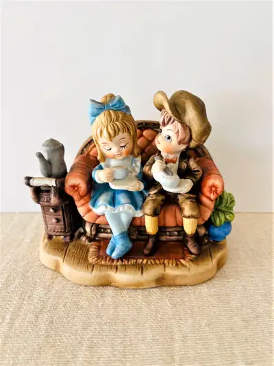 LEFTON BISQUE BOY AND GIRL ON SOFA DRINKING TEA FIGURINE, View more