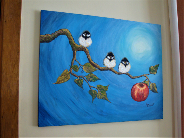 Acrylic painting, Chickadees on Apple Branch in Arts & Collectibles in Sudbury - Image 2