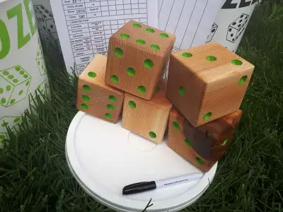 large wood dice with light green pips, yardzee, farkle, View more