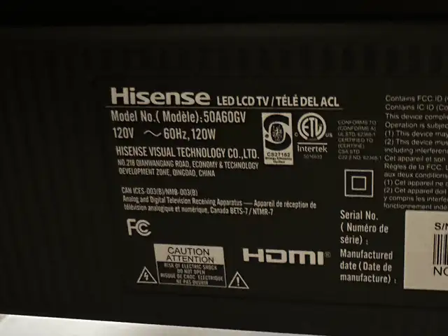 Hisense 50” LED Smart TV - Model 50A60GV (Like New)62864362960514121