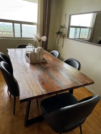 Edge solid wood dining table + 6 upholstered padded chairs, View more