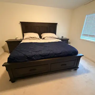 Solid Wood King Bed Frame with Storage and Two Side Tables, View more