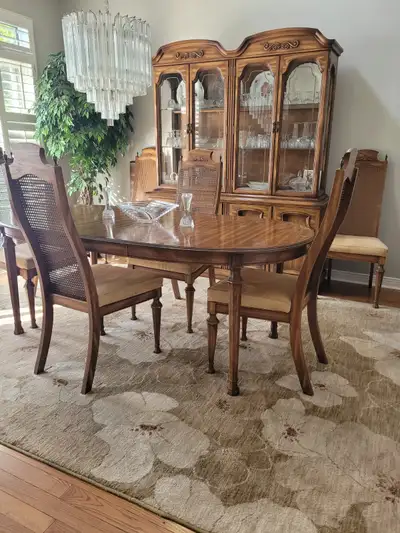 Dining room table, 6 chairs, leaf, and hutch., View more