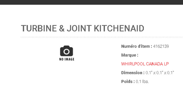 TURBINE & JOINT KITCHENAID IMPELLER NEUF NEW 4162139 dans Autre  à Laval/Rive Nord - Image 3