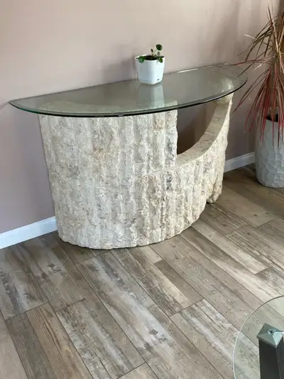 Tessellated Stone Table with bevelled glass top, View more