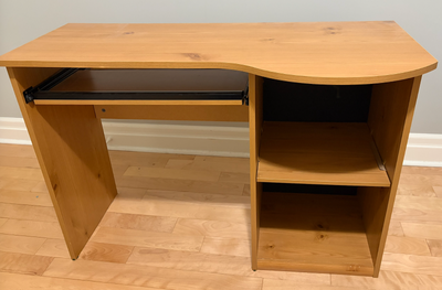 Wooden desk with drawer and shelves, View more