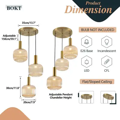BOKT 3-Light Amber Glass Chandelier – Adjustable Hanging Pendant, View more